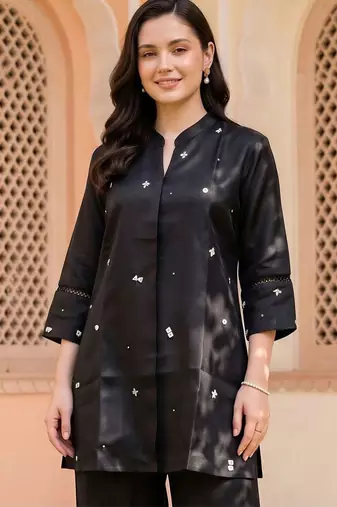 women ethnic motifs embroidered regular thread work kurta with palazzos