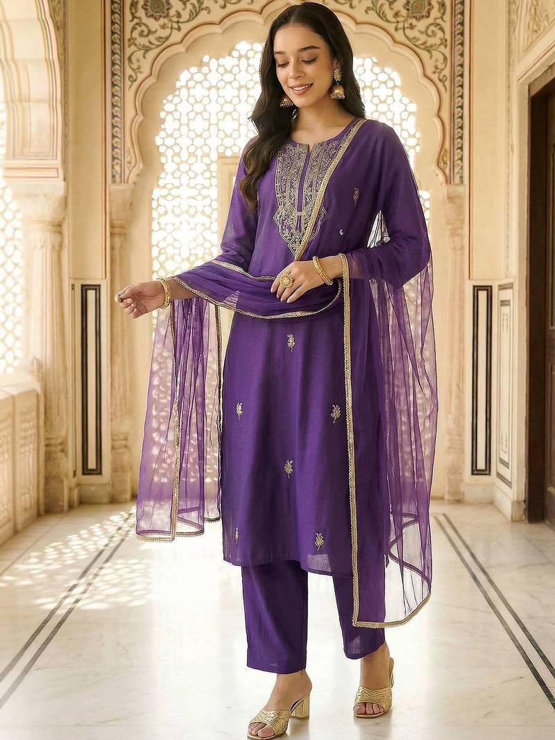 women ethnic motifs embroidered regular thread work kurta with trousers & with dupatta