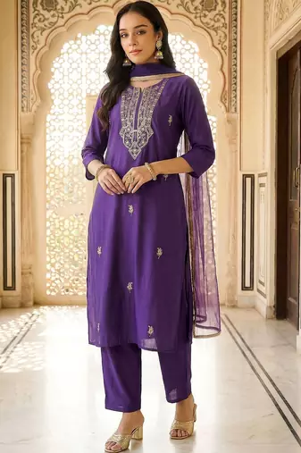 women ethnic motifs embroidered regular thread work kurta with trousers & with dupatta
