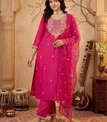women ethnic motifs embroidered regular thread work kurta with trousers & with dupatta