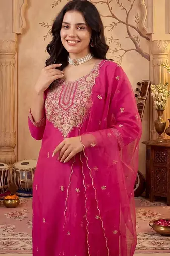 women ethnic motifs embroidered regular thread work kurta with trousers & with dupatta