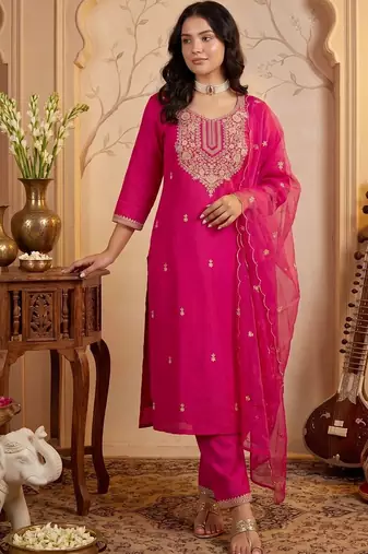 women ethnic motifs embroidered regular thread work kurta with trousers & with dupatta
