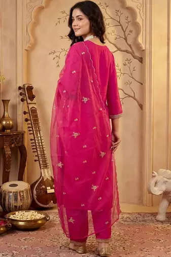 women ethnic motifs embroidered regular thread work kurta with trousers & with dupatta