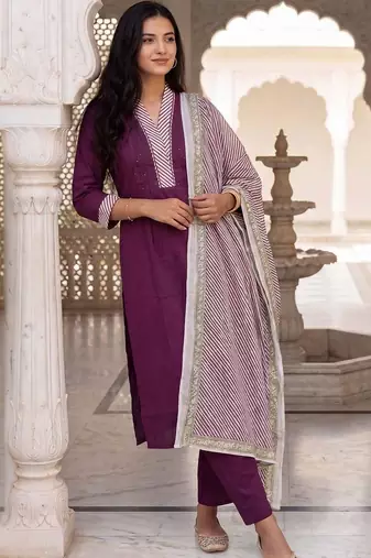 women regular cotton kurta with trousers & with dupatta