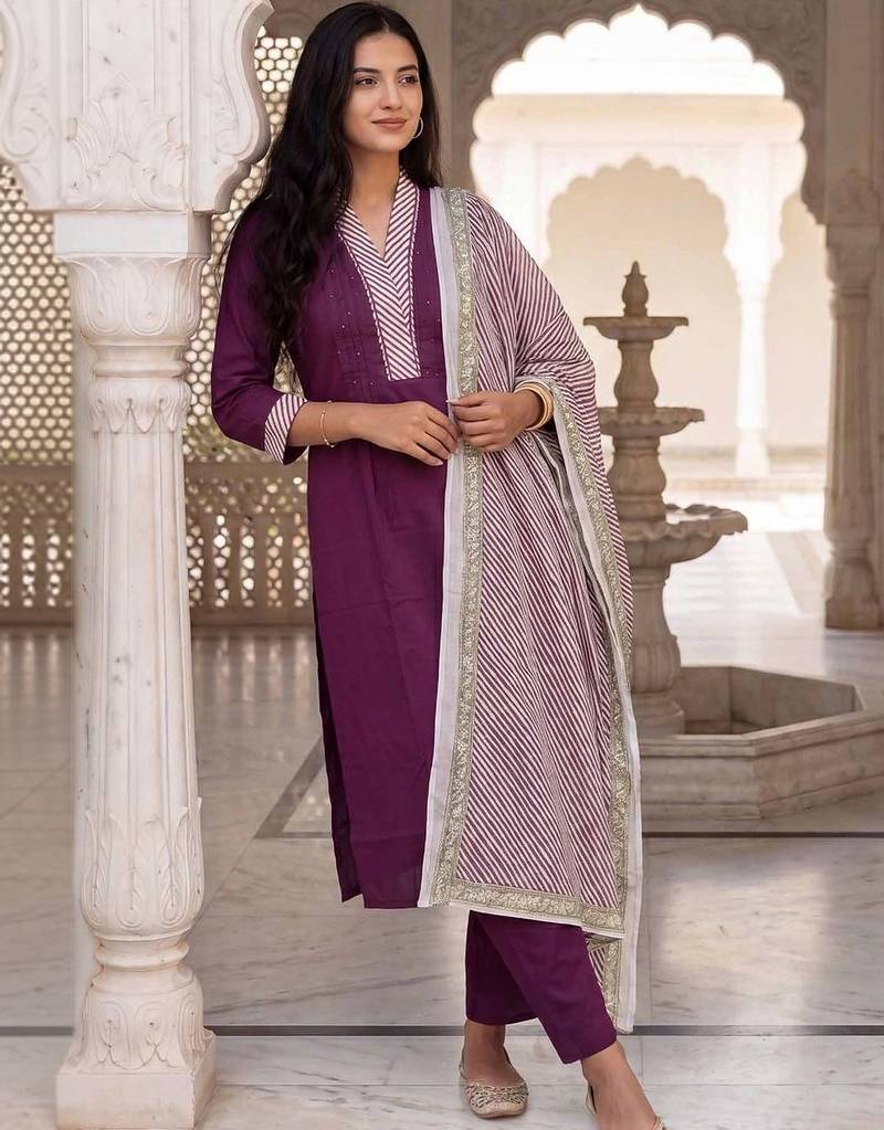 women regular cotton kurta with trousers & with dupatta