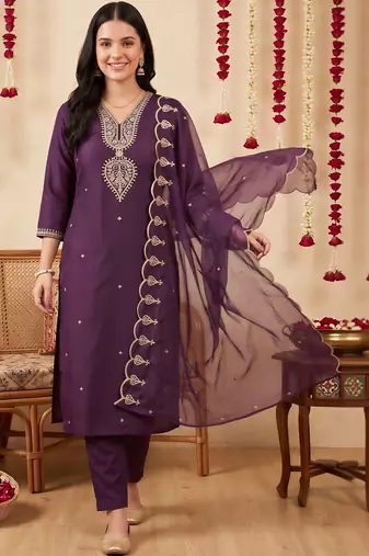 women ethnic motifs embroidered regular thread work kurta with trousers & with dupatta