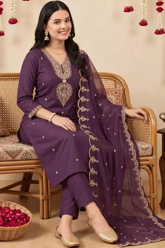 women ethnic motifs embroidered regular thread work kurta with trousers & with dupatta