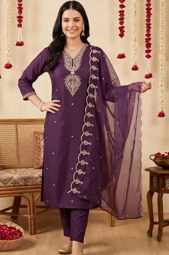 women ethnic motifs embroidered regular thread work kurta with trousers & with dupatta