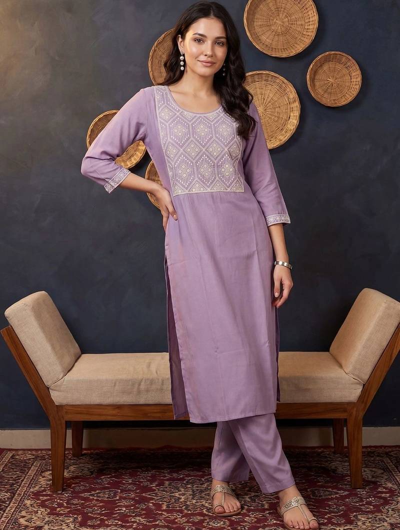 women ethnic motifs embroidered regular thread work kurta with trousers