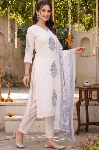 women ethnic motifs printed regular cotton kurta with trousers & with dupatta