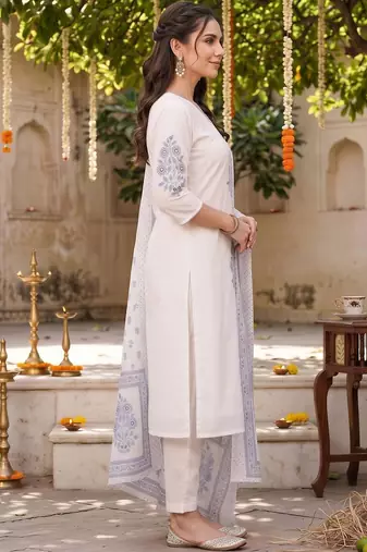 women ethnic motifs printed regular cotton kurta with trousers & with dupatta
