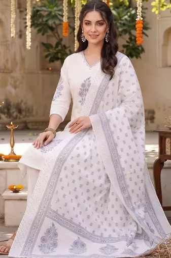 women ethnic motifs printed regular cotton kurta with trousers & with dupatta