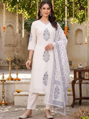 women ethnic motifs printed regular cotton kurta with trousers & with dupatta 6