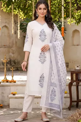 women ethnic motifs printed regular cotton kurta with trousers & with dupatta