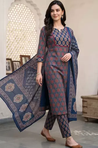women ethnic motifs printed regular cotton kurta with trousers & with dupatta