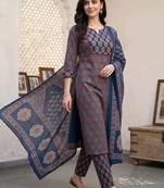 women ethnic motifs printed regular cotton kurta with trousers & with dupatta