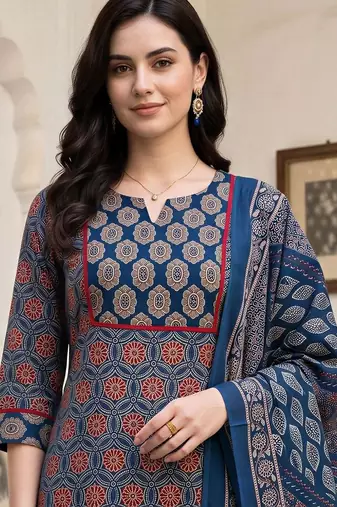 women ethnic motifs printed regular cotton kurta with trousers & with dupatta