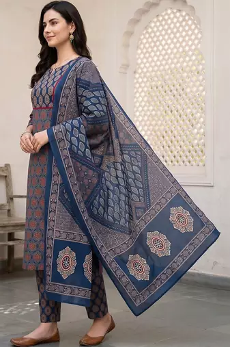 women ethnic motifs printed regular cotton kurta with trousers & with dupatta