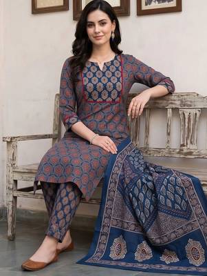 women ethnic motifs printed regular cotton kurta with trousers & with dupatta 5