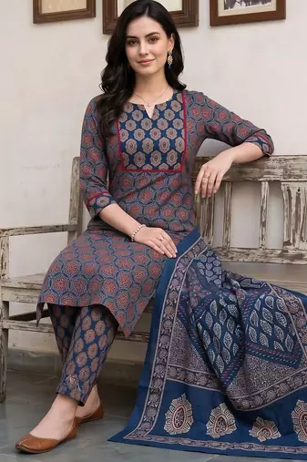 women ethnic motifs printed regular cotton kurta with trousers & with dupatta