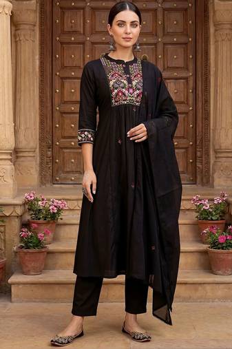 women ethnic motifs embroidered empire thread work cotton kurta with trousers & with dupatta