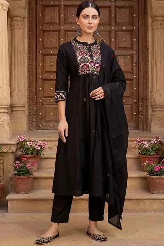 women ethnic motifs embroidered empire thread work cotton kurta with trousers & with dupatta