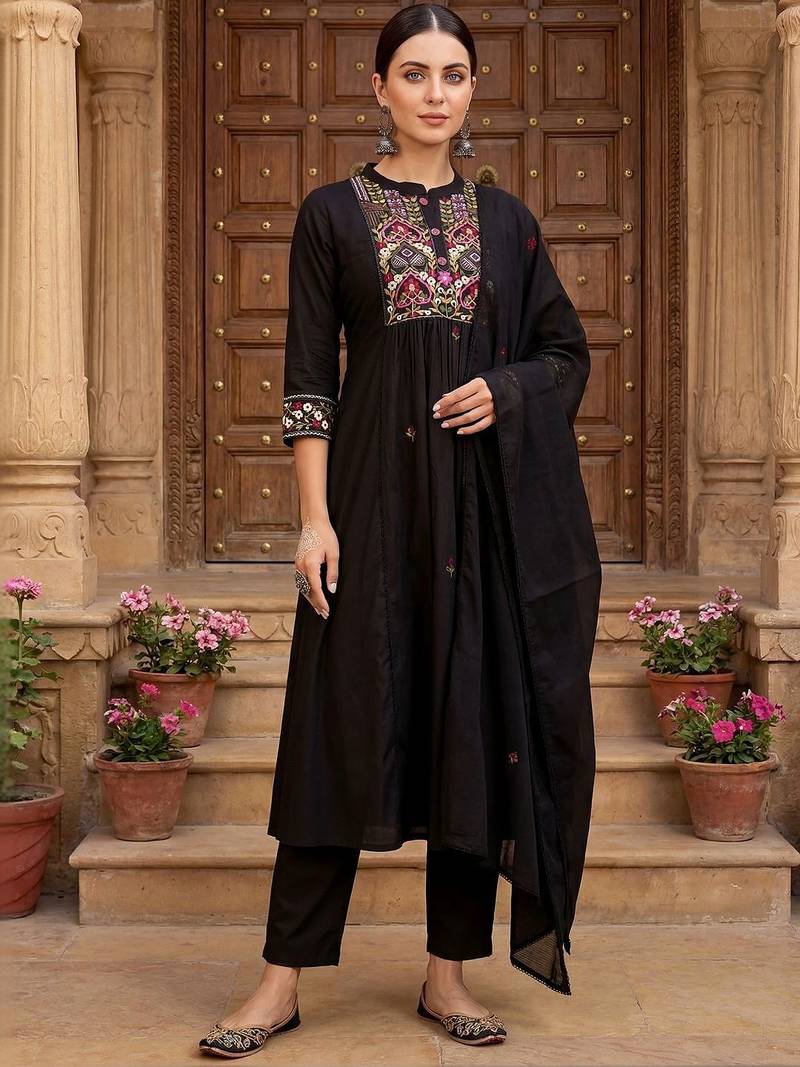women ethnic motifs embroidered empire thread work cotton kurta with trousers & with dupatta
