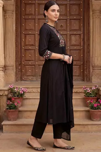 women ethnic motifs embroidered empire thread work cotton kurta with trousers & with dupatta