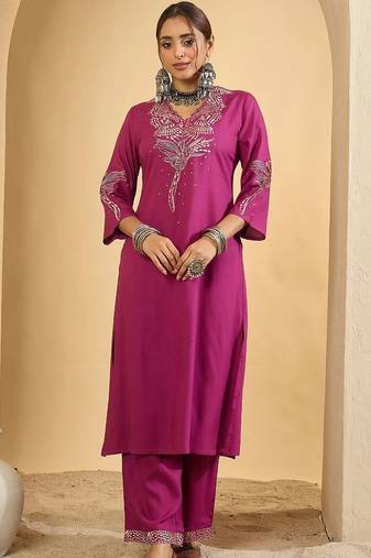 women ethnic motifs embroidered regular thread work kurta with palazzos
