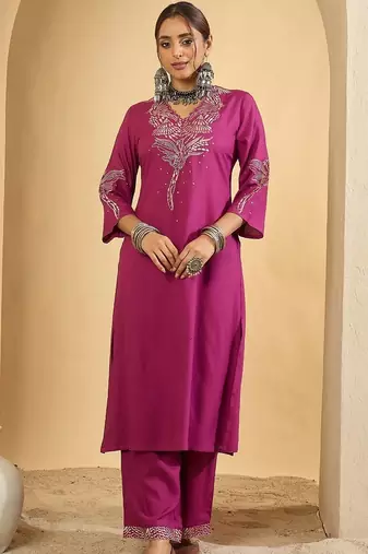women ethnic motifs embroidered regular thread work kurta with palazzos