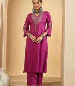 women ethnic motifs embroidered regular thread work kurta with palazzos