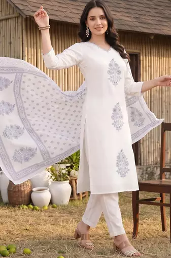 women ethnic motifs printed regular cotton kurta with trousers & with dupatta
