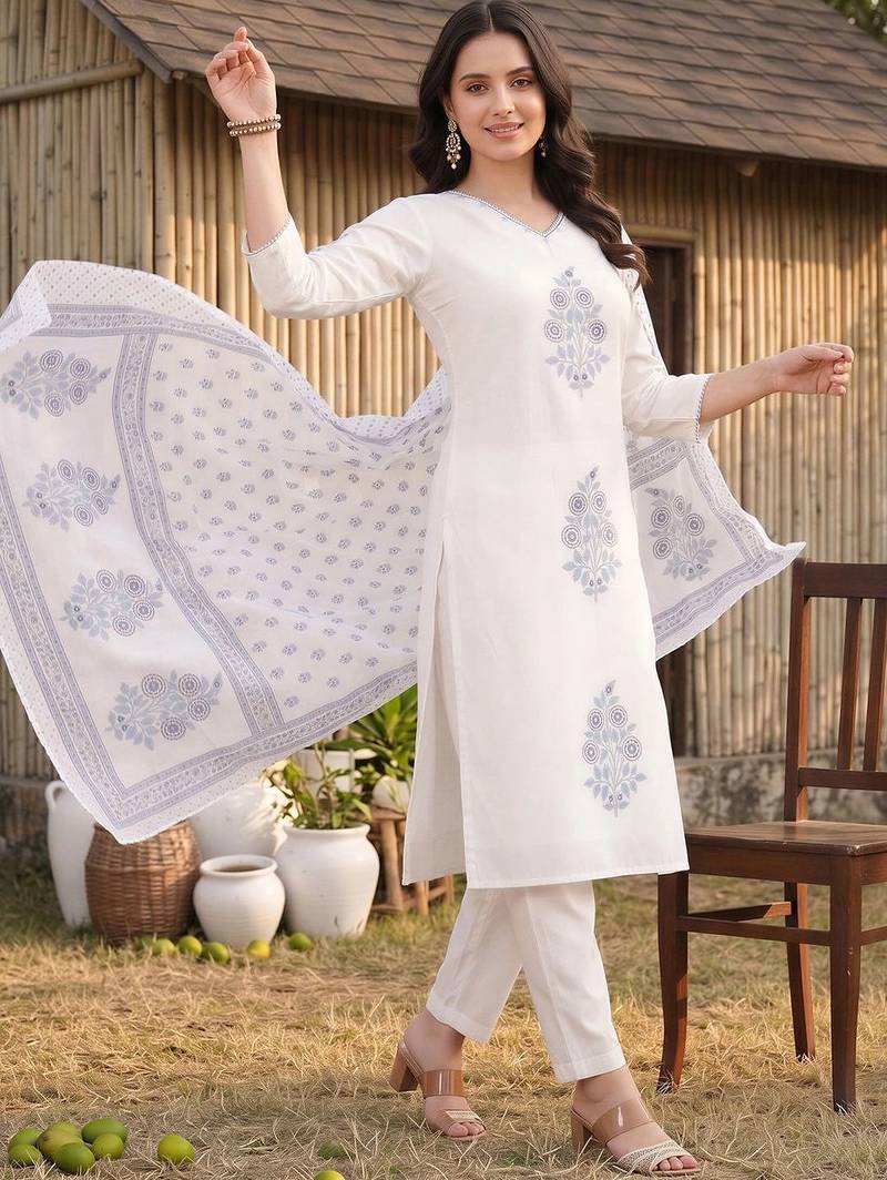 women ethnic motifs printed regular cotton kurta with trousers & with dupatta
