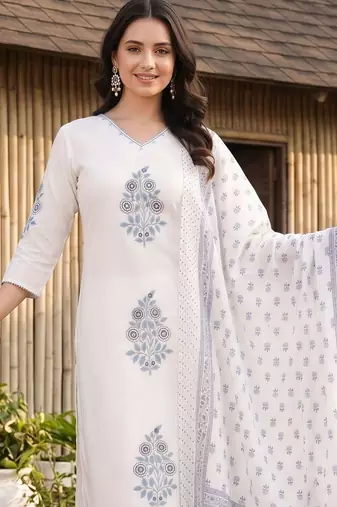 women ethnic motifs printed regular cotton kurta with trousers & with dupatta