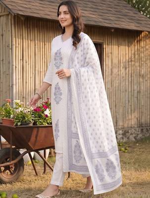 women ethnic motifs printed regular cotton kurta with trousers & with dupatta 3