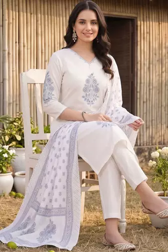 women ethnic motifs printed regular cotton kurta with trousers & with dupatta