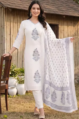 women ethnic motifs printed regular cotton kurta with trousers & with dupatta