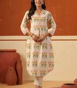 women ethnic motifs printed regular cotton kurta with trousers