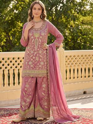 women ethnic motifs embroidered regular sequinned kurta with palazzos & with dupatta 1