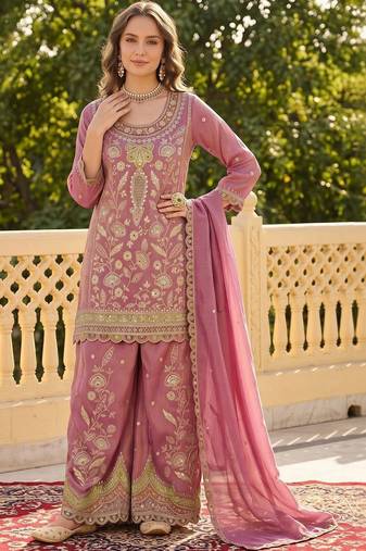 women ethnic motifs embroidered regular sequinned kurta with palazzos & with dupatta