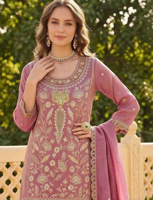 women ethnic motifs embroidered regular sequinned kurta with palazzos & with dupatta 2