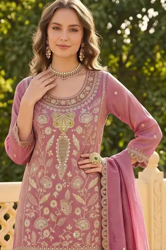 women ethnic motifs embroidered regular sequinned kurta with palazzos & with dupatta