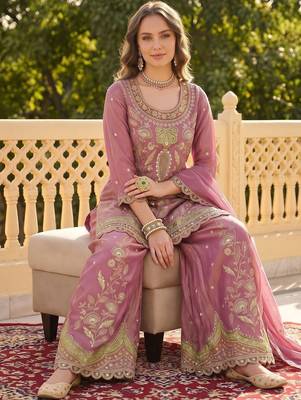 women ethnic motifs embroidered regular sequinned kurta with palazzos & with dupatta 5