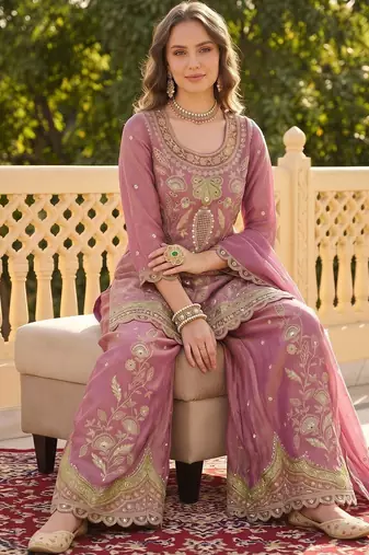 women ethnic motifs embroidered regular sequinned kurta with palazzos & with dupatta