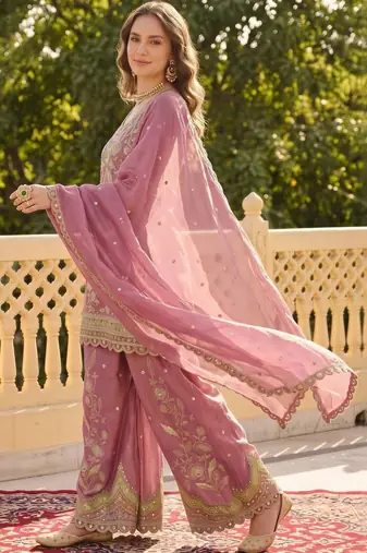 women ethnic motifs embroidered regular sequinned kurta with palazzos & with dupatta