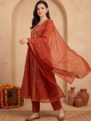 women ethnic motifs embroidered empire thread work kurta with trousers & with dupatta 1