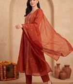 women ethnic motifs embroidered empire thread work kurta with trousers & with dupatta
