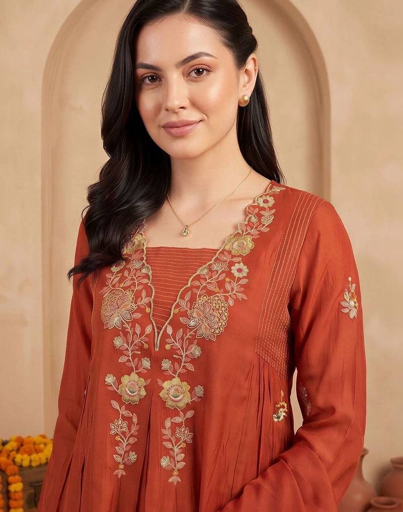 women ethnic motifs embroidered empire thread work kurta with trousers & with dupatta