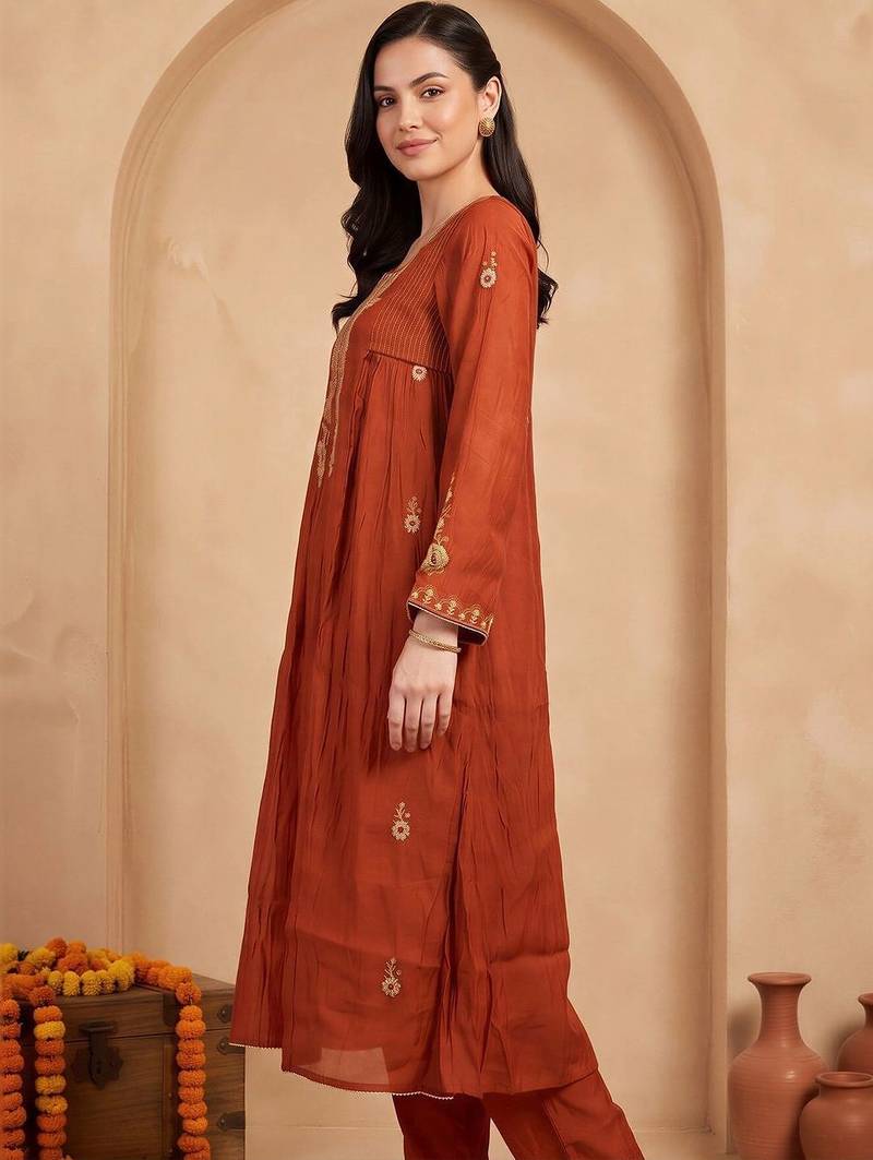 women ethnic motifs embroidered empire thread work kurta with trousers & with dupatta