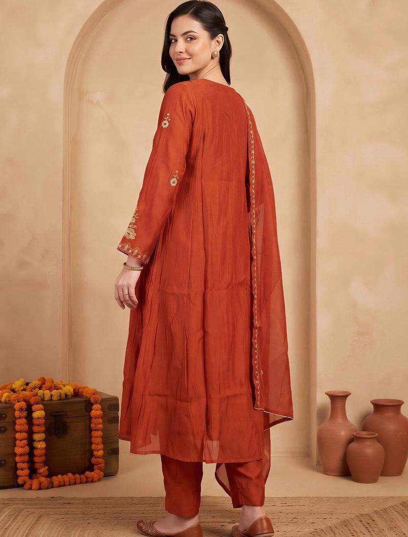 women ethnic motifs embroidered empire thread work kurta with trousers & with dupatta